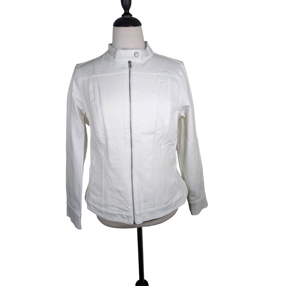Isaac Mizrahi Size 8 White Denim Zip Front Motorcycle Style Jacket Stretch